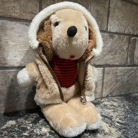 1983 Interpur Plush Toy Brown PUPPY DOG Striped Red Shirt Jacket - Picture 2 of 8